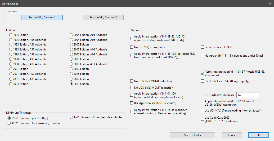 2020 ASME Codes Menu in COMPRESS