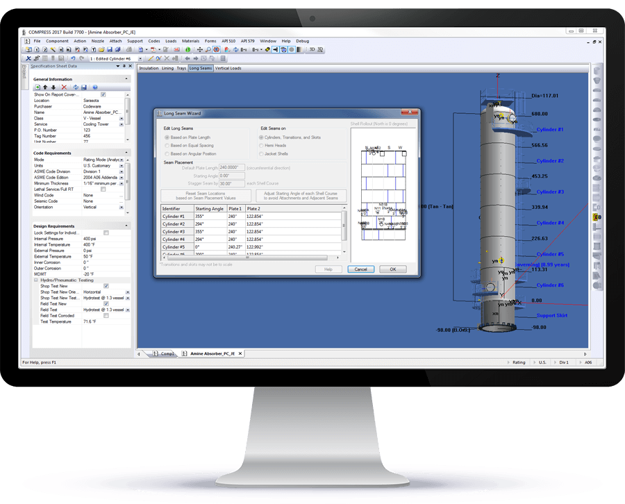 COMPRESS pressure vessel design software includes a Long Seam Wizard to quickly place longitudinal shell seams