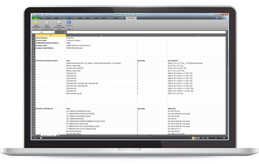 COSTER creates Excel spreadsheet based pressure vessel cost estimates from COMPRESS or INSPECT designs
