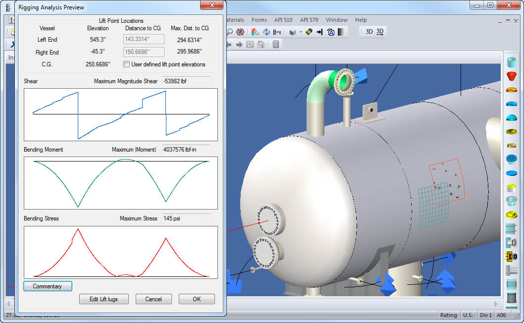 A Horizontal Pressure Vessel Rigging Analysis Preview in INSPECT