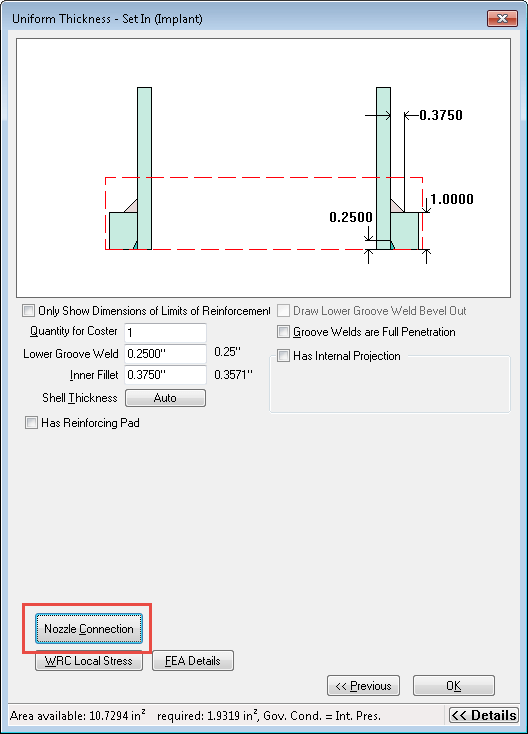 Click the Nozzle Connection button to attach ASME B16.5/B16.47/Appendix 2 flanges and B16.9 elbows to nozzles in COMPRESS