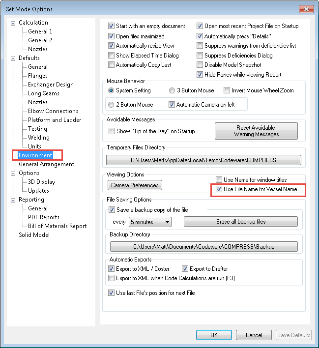 Setting the file and vessel name in COMPRESS