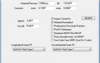 Diálogo de COMPRESS que muestra los ajustes de la prueba de impacto que afectan a la calificación UCS-66 MDMT realizada