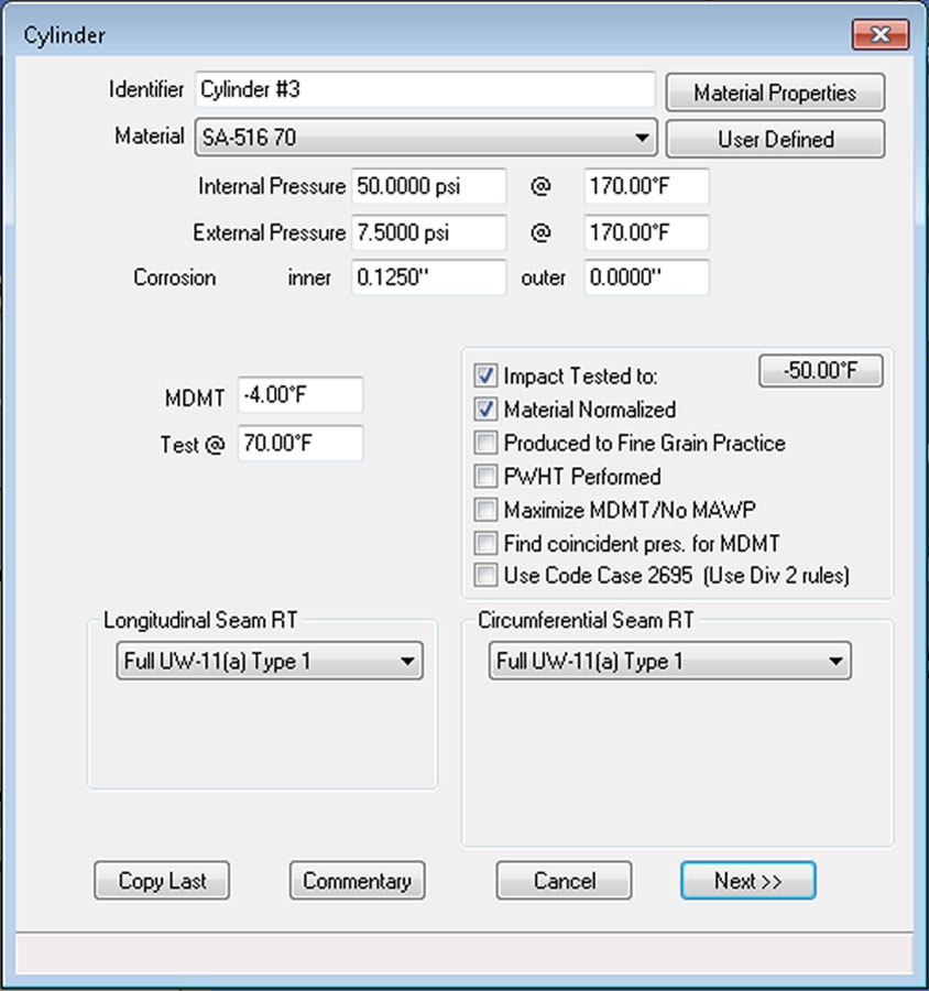 COMPRESS dialog showing the impact test settings that affect the UCS-66 MDMT rating performed