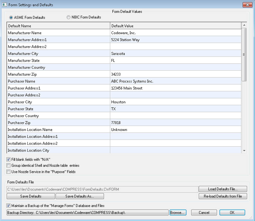 The COMPRESS Manufacturer's Data Report and National Board defaults dialog remembers your information