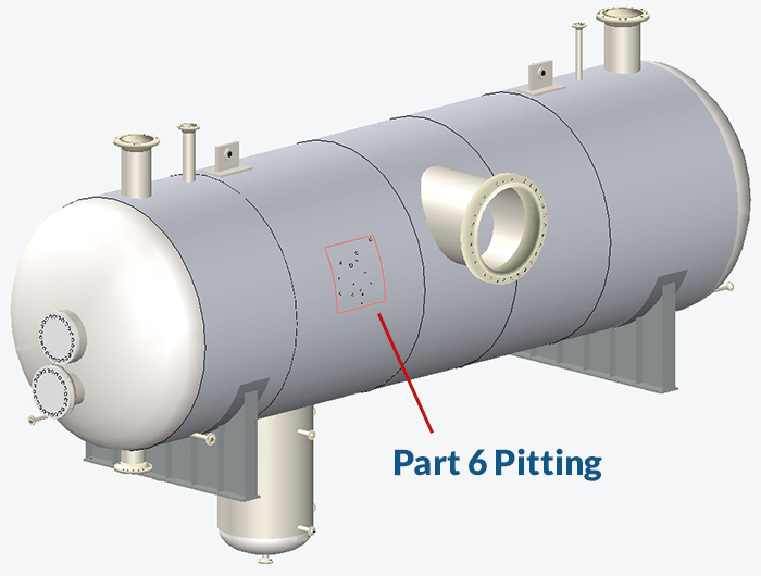 Una evaluación de picaduras de la Parte 6 mostrada en un modelo 3D de INSPECT