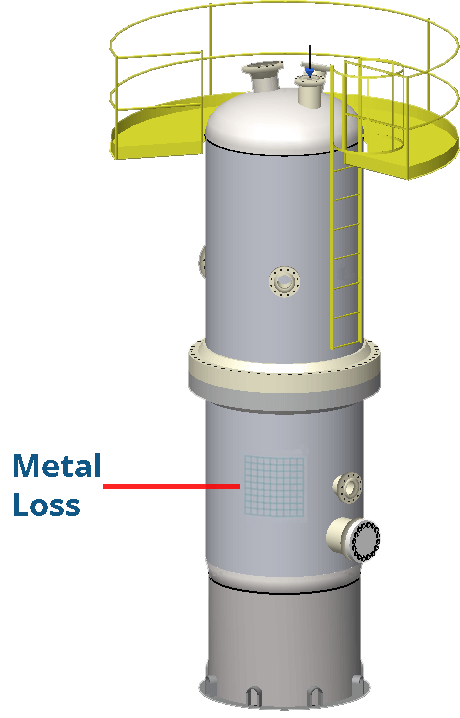 Una pérdida local de metal API 579-1 mostrada en un modelo de buque INSPECT 3D