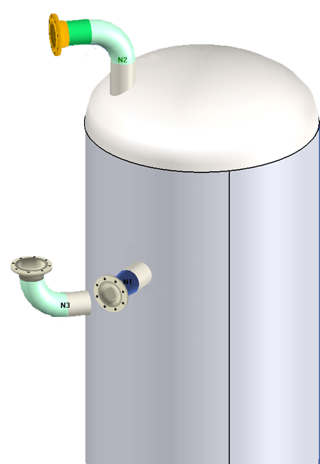 Nozzles designed in COMPRESS with pipe elbows and flanged connections