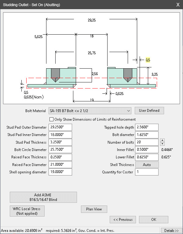 Nozzle Studding Outlet Dialog in COMPRESS