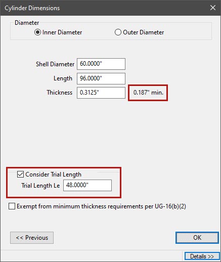 UG-28 - Required Thickness After Trial Length Le Considered