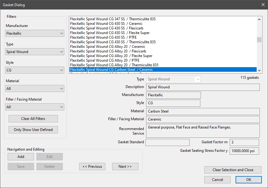 Gasket Dialog in COMPRESS