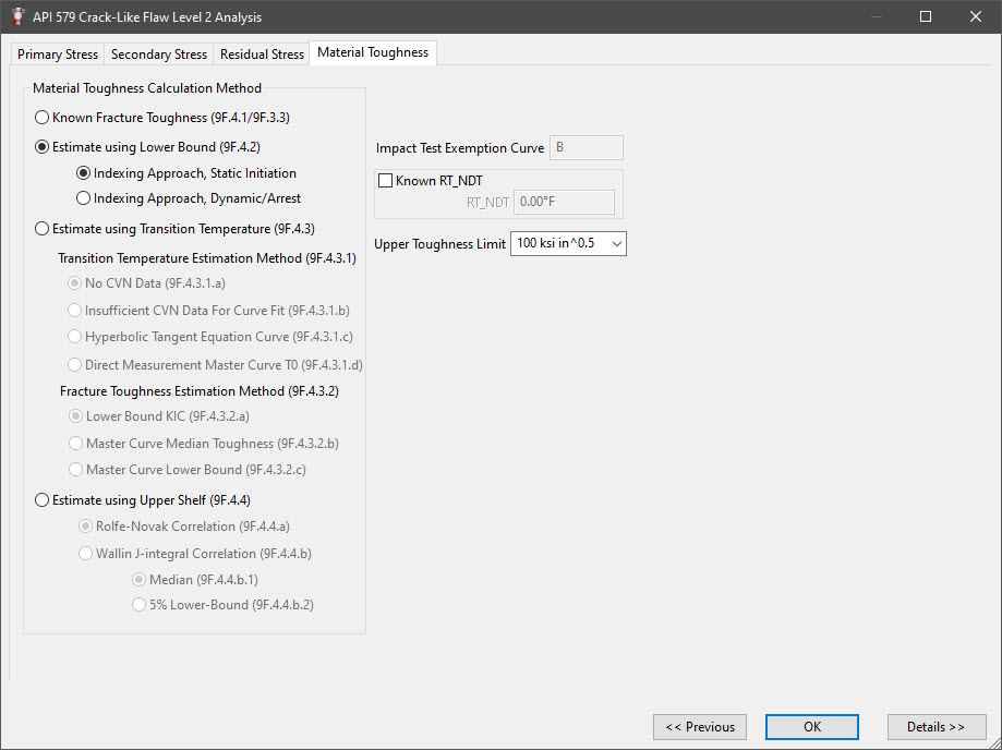 The Material Toughness Dialog in INSPECT's Part 9 Crack-Like Flaw Level 2 Analysis