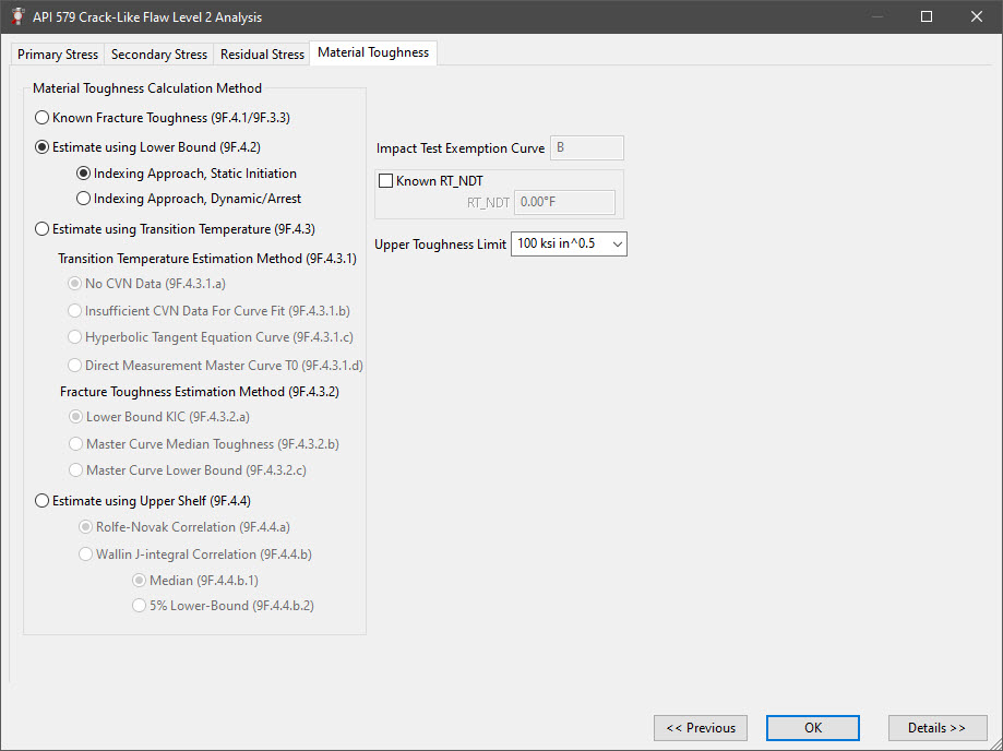 The Material Toughness Dialog in INSPECT’s Part 9 Crack-Like Flaw Level 2 Analysis The Material Toughness Dialog in INSPECT's Part 9 Crack-Like Flaw Level 2 Analysis