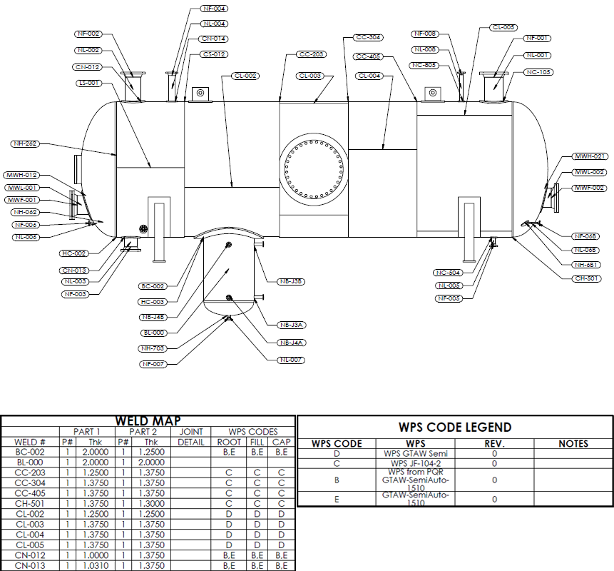 WPS details from Shopfloor and weld geometries from COMPRESS are used to automatically create pressure vessel Weld Maps and Joint Detail drawings