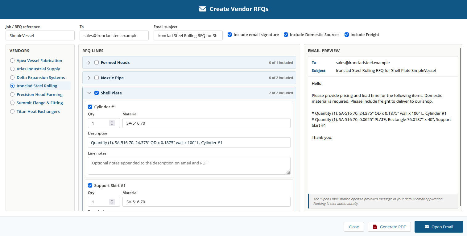 Generate Vendor RFQs in seconds using the Vendor RFQ feature in COSTER